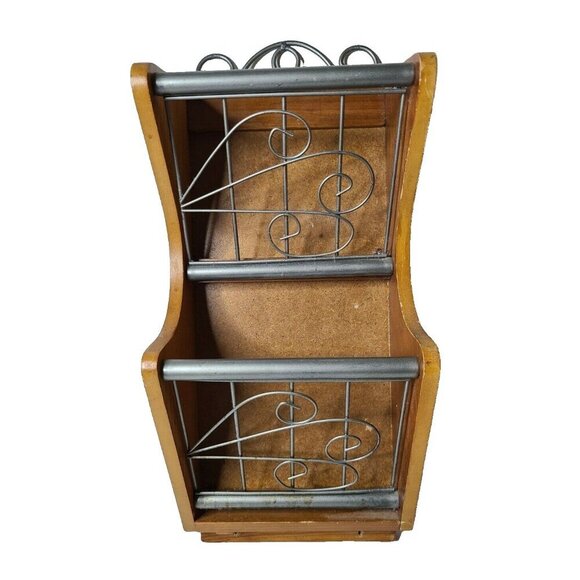 Vintage Wood Metal Ornate Two Tier Wall Hanging Mail Bill Organizer Holder MCM - Picture 1 of 11